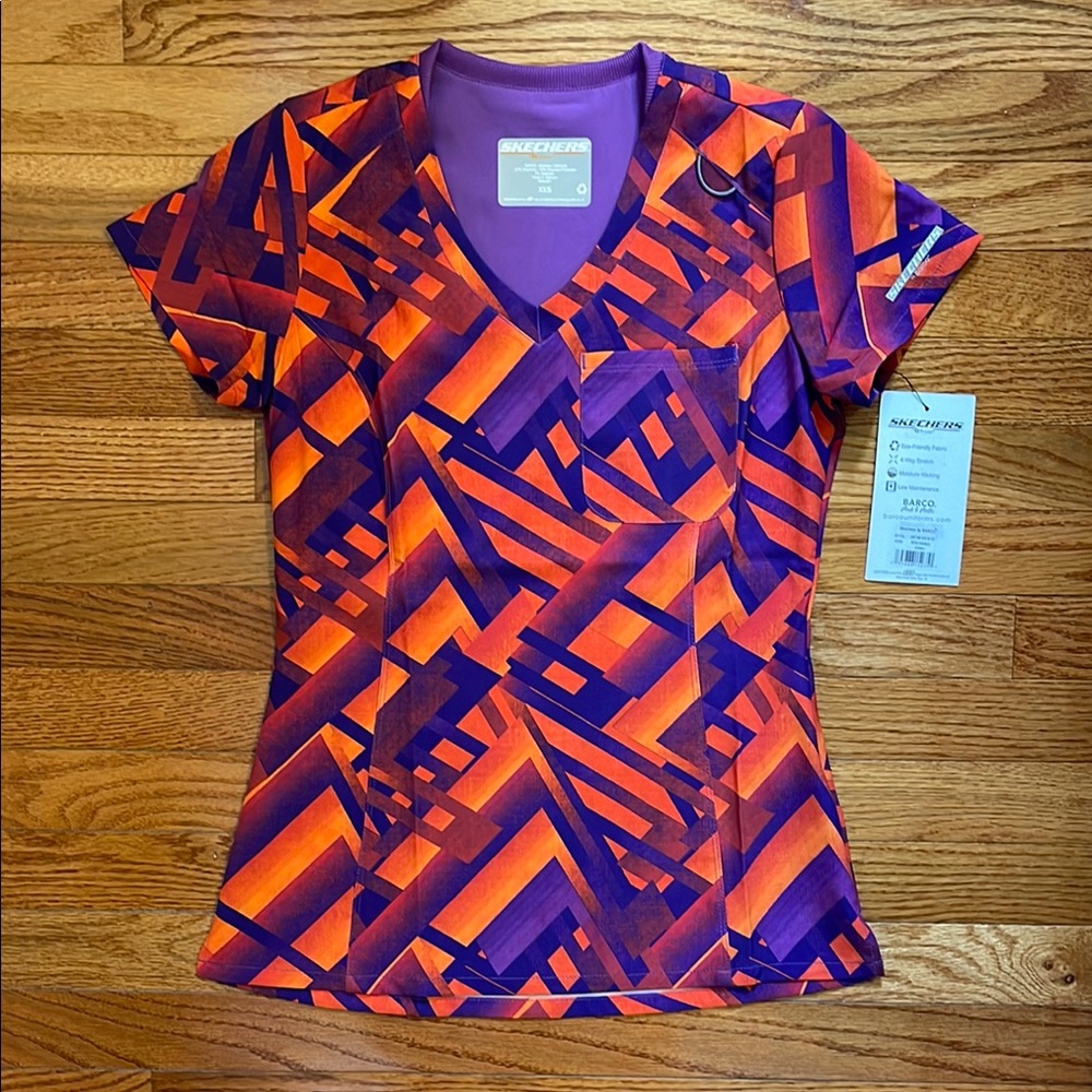 NWT Skechers Orange and Purple Fitted Scrub Top